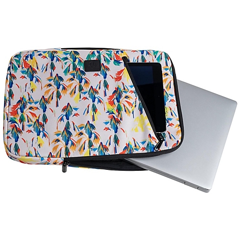 Housse d'ordinateur portable avec motif de palmiers colorés, ordinateur portable et tablette. Sac ouvert avec fermeture éclair.