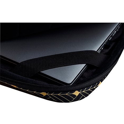 Sacoche pour ordinateur portable noire avec motif doré, un ordinateur portable est partiellement visible.