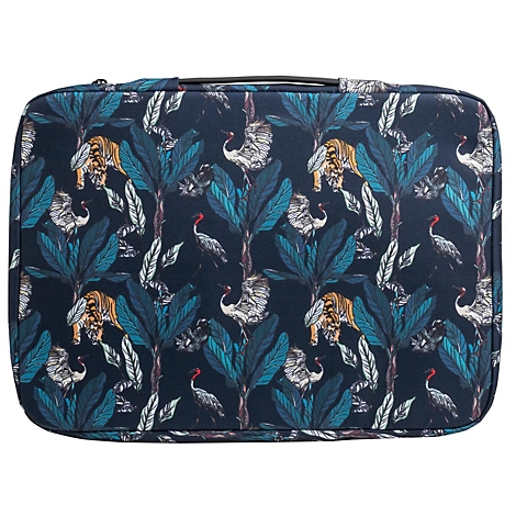 Une trousse de maquillage rectangulaire avec un motif de tigres, de grues et de feuilles en bleu et turquoise.