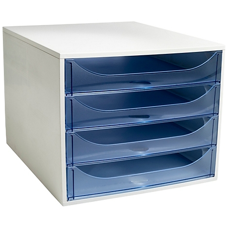 Witte bureau-organizer met vier blauwe lades.