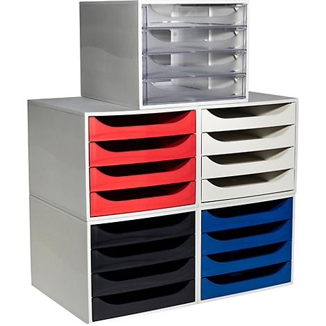 Gekleurde lade-elementen, gestapeld; rood, zwart, blauw, wit en transparant.