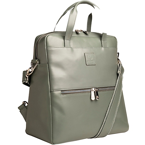 Hellgrüne Ledertasche mit Tragegriffen und abnehmbarem Schultergurt. Auf der Vorderseite befindet sich eine Reißverschlusstasche.