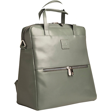 Hellgrüner Leder-Rucksack mit Reißverschluss, Tragegriff und Logo.