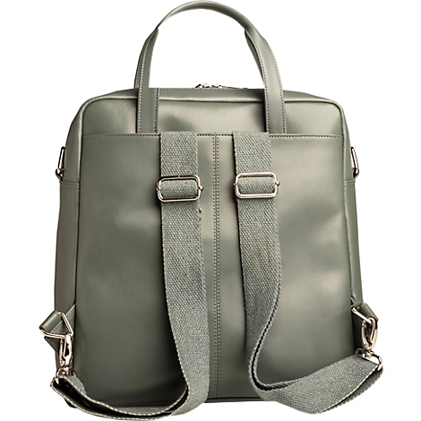 Hellgrüner Rucksack von hinten, mit Trägern und Tragegriff. Silberne Schnallen und Details.