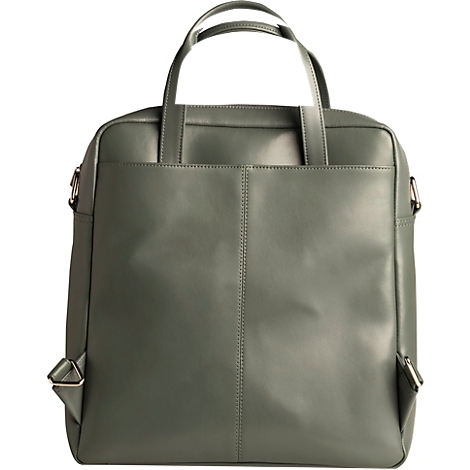 Hellgrüner Rucksack mit Tragegriffen und Schulterriemen. Der Rucksack hat eine rechteckige Form, mit einem vertikalen Reißverschluss in der Mitte.