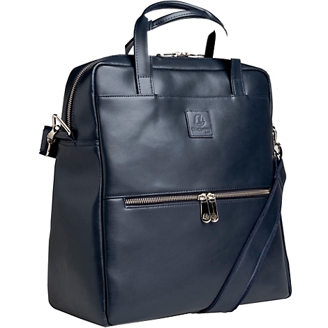 Dunkelblaue Ledertasche mit Tragegriff, Schultergurt und Reißverschlüssen.