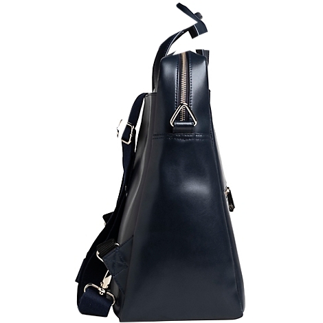 Dunkelblaue Ledertasche mit Trageriemen. Seitliche Ansicht mit Reißverschluss und silbernen Details.