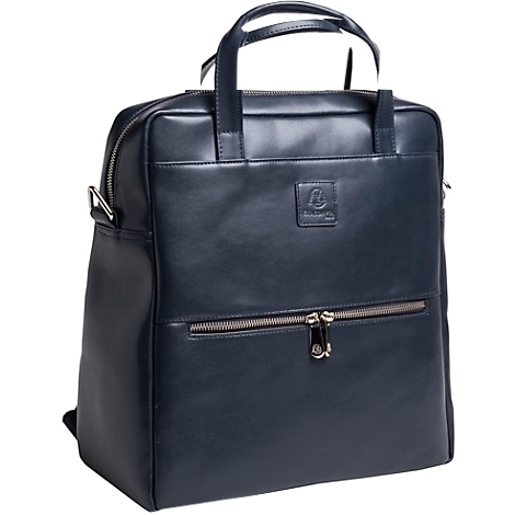 Dunkelblauer Lederrucksack mit Reißverschlüssen und Griff. Kleines Logo oben.