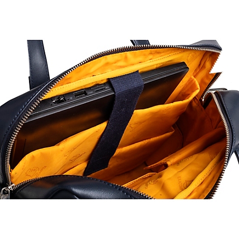 Dunkelblaue Aktentasche, Blick ins Innere mit gelben Futter und Laptop. Der Reißverschluss ist geöffnet.