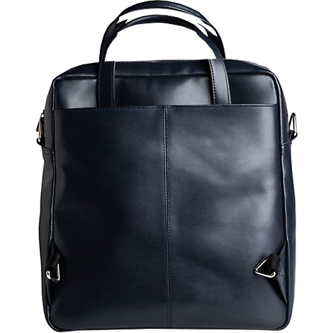Sac en cuir bleu foncé avec poignées et bandoulière, poche avant et ferrures argentées.