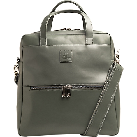 Sac en cuir gris avec poignée et bandoulière. Deux fermetures éclair et un carré avec logo sur le devant.