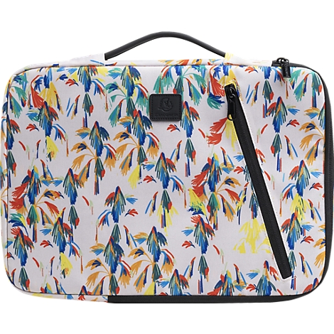 Bunte Laptop-Tasche mit Palmenmuster, schwarzem Reißverschluss, Griff und Logo.