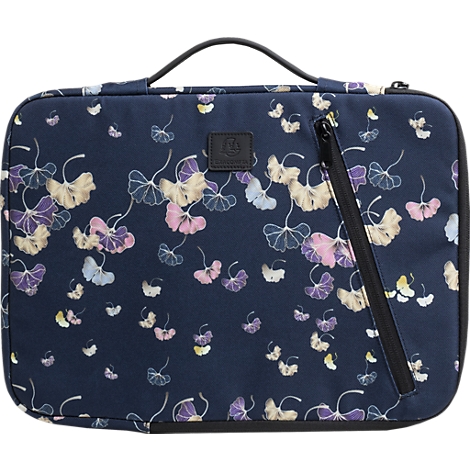 Dunkelblaue Laptoptasche mit Blumenmuster, schwarzem Reißverschluss und Griff.