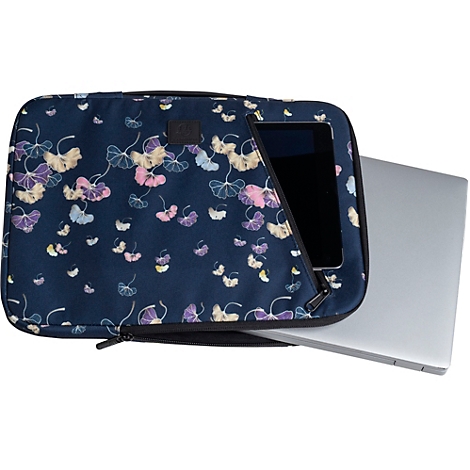 Dunkelblaue Laptoptasche mit Blumenmuster, Reißverschluss und offenem Fach, aus dem ein Laptop herausragt.