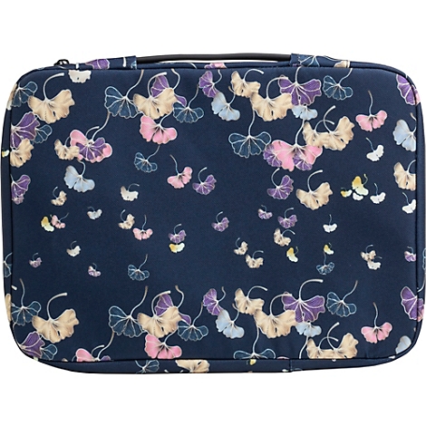 Dunkelblaue Kosmetiktasche mit floralem Muster in Pastellfarben. Mit Reißverschluss und Tragegriff.