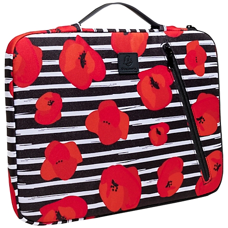 Tasche mit rotem Blumenmuster auf schwarz-weiß gestreiftem Grund. Reißverschluss und Tragegriff.