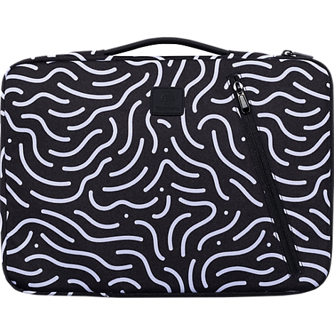 Schwarze Laptoptasche mit weißem Wellenmuster. Reißverschluss, Tragegriff und Logo.