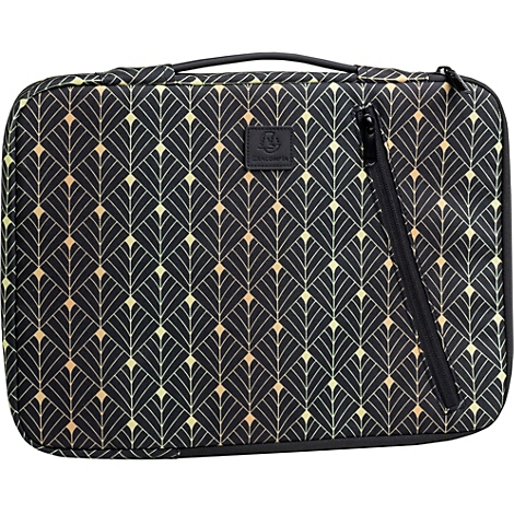 Schwarze Tasche mit goldenem geometrischen Muster, Tragegriff und Reißverschluss.