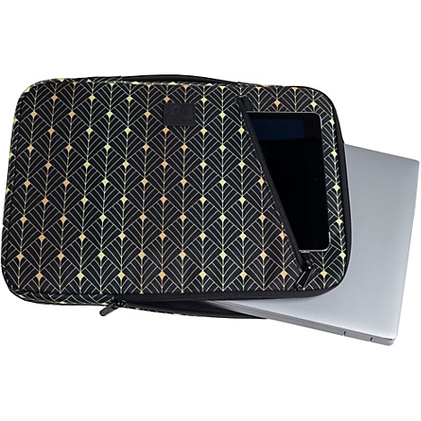 Schwarze Laptoptasche mit Muster, Tablet und Laptop stecken drin.