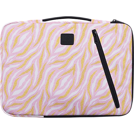 Rosa und goldfarbene Laptop-Hülle mit Zebra-Muster und schwarzem Reißverschluss.