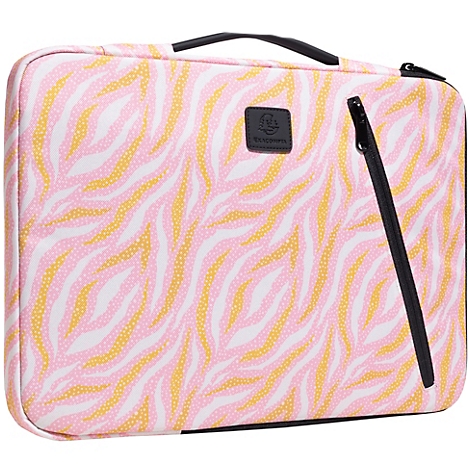 Rosa Laptop-Hülle mit Zebra-Muster. Schwarzer Griff und Reißverschluss.