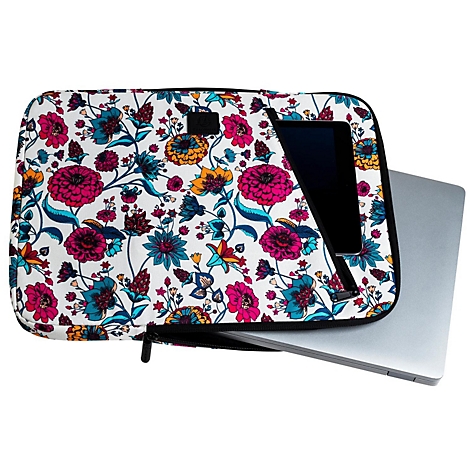 Laptop-Tasche mit Blumenmuster, Laptop wird herausgezogen.