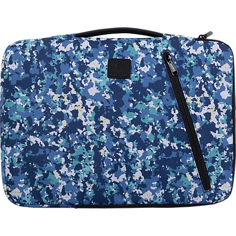 Blaue Laptoptasche mit Camouflage-Muster, schwarzem Reißverschluss und Griff.