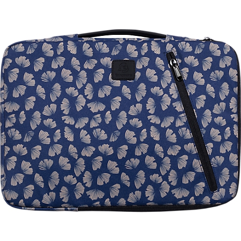 Blaue Laptoptasche mit Ginkgo-Blatt-Muster und schwarzem Reißverschluss.