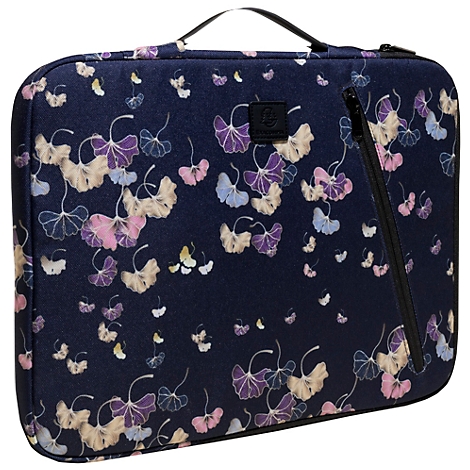 Sacoche pour ordinateur portable bleu foncé avec motif de feuilles de ginkgo. Fermeture éclair, poignée de transport. Vue détaillée.
