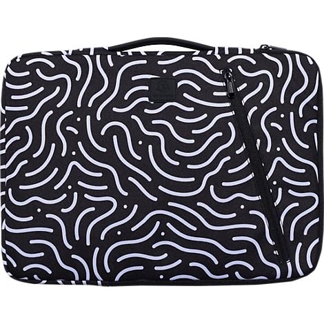 Sacoche pour ordinateur portable noire avec motif ondulé blanc, poignée et fermeture éclair.