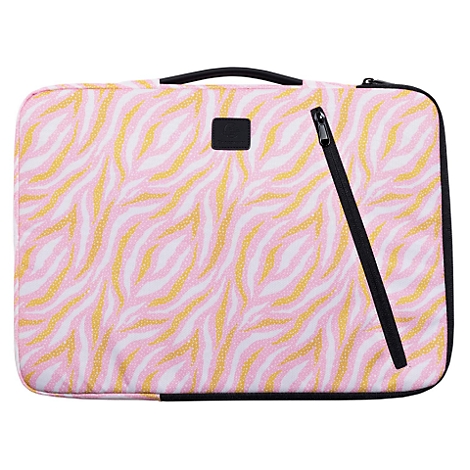 Sac d'ordinateur portable à motifs roses et jaunes avec fermeture éclair et poignée noirs.