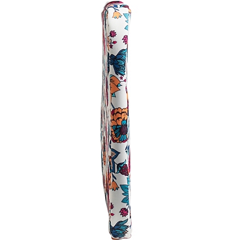 Un sac étroit et vertical, entièrement imprimé de fleurs colorées sur fond blanc.