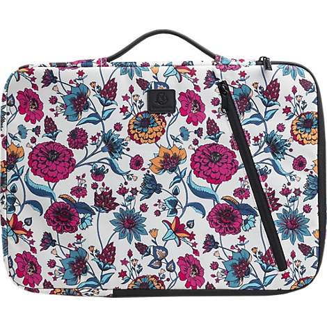Sac à motifs floraux : fond blanc avec des fleurs colorées, fermeture éclair noire, poignée.