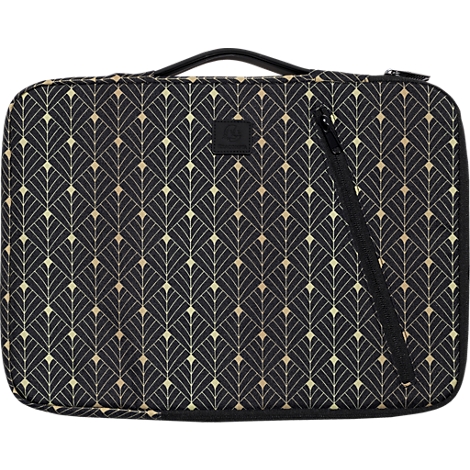 Schwarze Laptoptasche mit goldfarbenem Art-Déco-Muster, Griff, Reißverschluss.