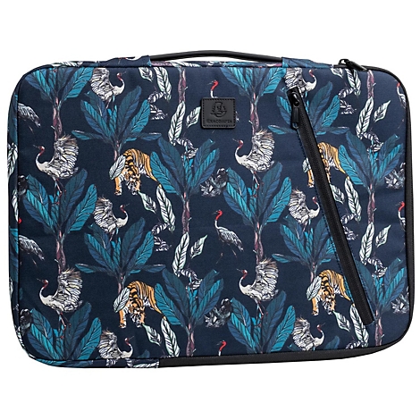 Dunkelblaue Laptoptasche mit Muster aus Tigern, Kranichen und Blättern. Schwarzer Reißverschluss, schwarzer Griff.