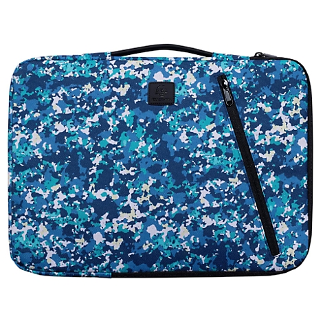 Blaue Laptoptasche mit Camouflage-Muster, schwarzem Reißverschluss und Griff.