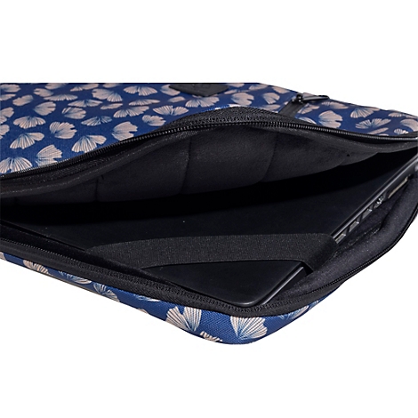 Blaue Laptoptasche mit Blattmuster, Reißverschluss, Laptop teilweise sichtbar.