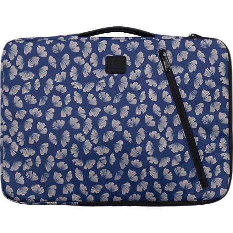Blaue Laptoptasche mit Ginkgo-Blattmuster und schwarzem Reißverschluss.