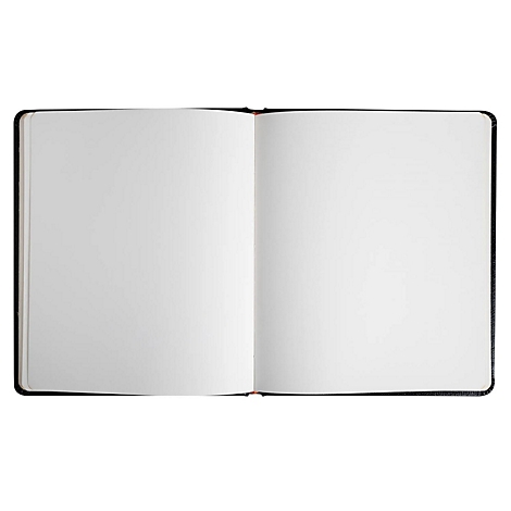Carnet noir ouvert avec pages blanches vierges. Le dos est rouge.