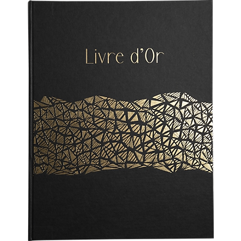 Livre noir avec inscription dorée : Livre d'Or. Motifs géométriques dorés sur fond noir en bas.