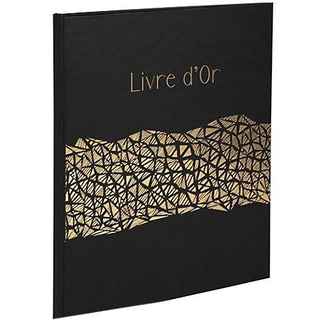Livre noir avec le titre doré "Livre d'Or" et un motif géométrique abstrait.