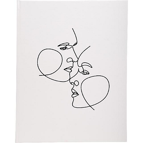 Dessin au trait noir et blanc de deux visages se faisant face. Seuls les contours, style minimaliste.