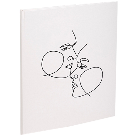 Une décoration murale carrée blanche montrant deux visages représentés par un dessin au trait noir. Ils se touchent.