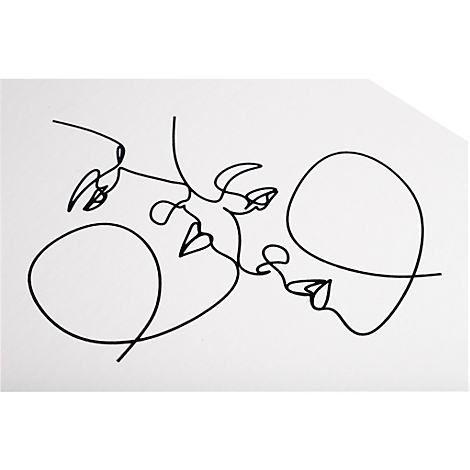 Dessin au trait noir et blanc de deux visages qui s'embrassent. Seuls les contours sont représentés.