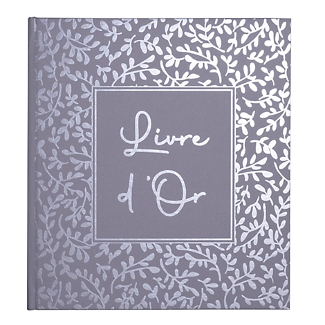 Livre gris avec feuilles argentées, avec l'inscription 'Livre d'Or'.