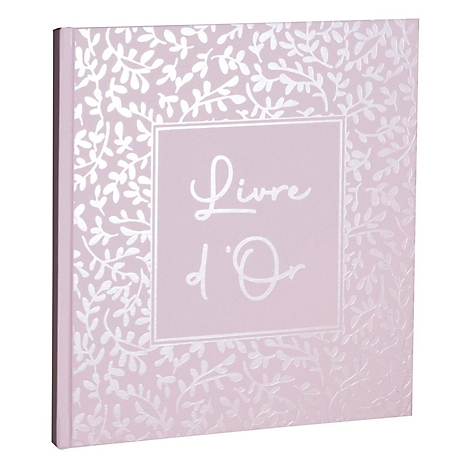 Livre rose clair avec motif de feuilles argentées et l'inscription "Livre d'Or".