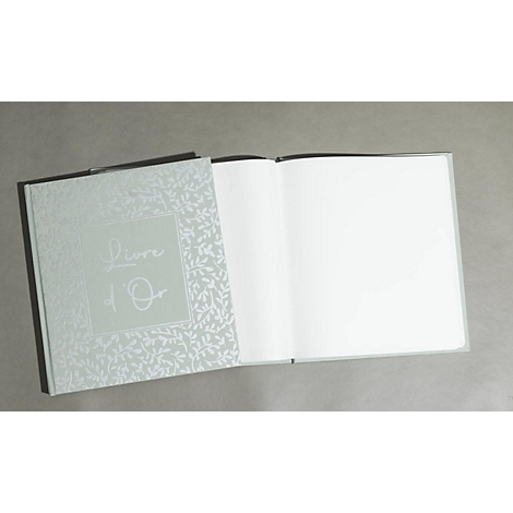 Livre bleu clair avec motif argenté et "Livre d'Or" sur la couverture, pages ouvertes montrent du papier vierge.