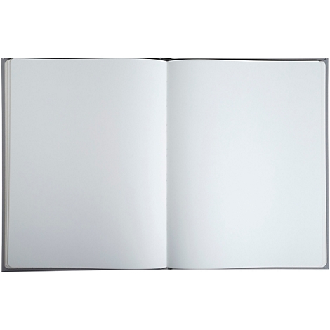 Un carnet ouvert avec des pages blanches vierges. La couverture est grise.