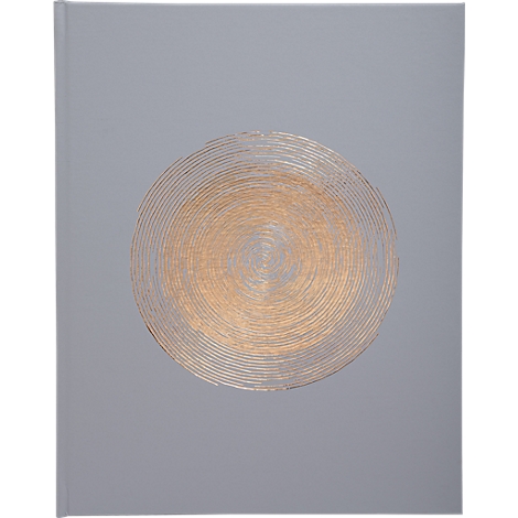 Fond gris, avec un motif en spirale doré.