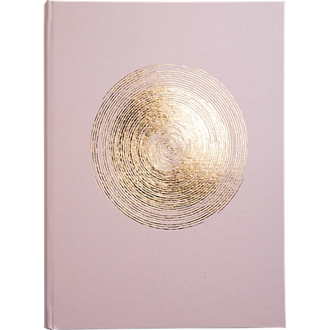 Livre rose clair avec motif en spirale doré. Le livre est en portrait. Le motif en spirale est en haut au centre.